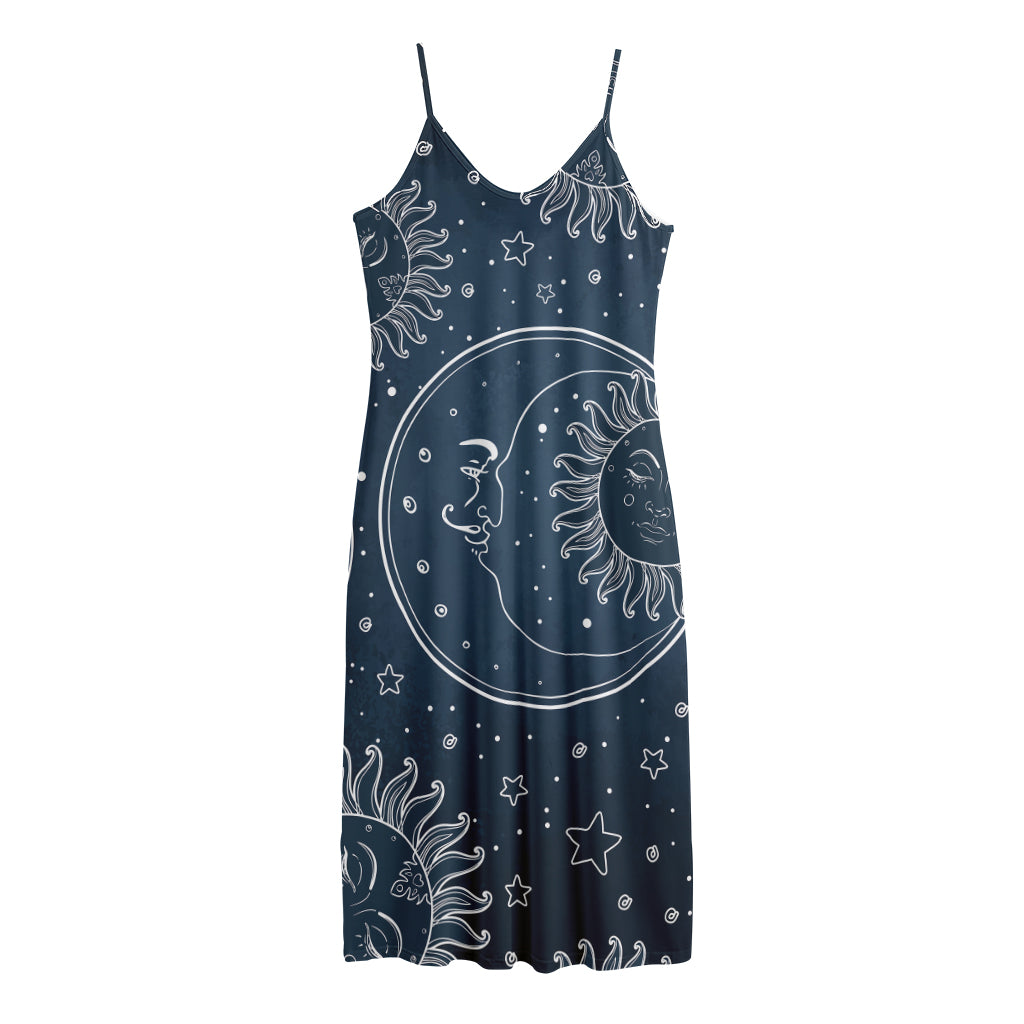 Vintage Sun And Moon Pattern Print Jersey Midi Cami Dress