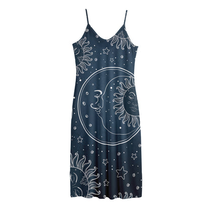 Vintage Sun And Moon Pattern Print Jersey Midi Cami Dress
