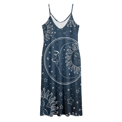 Vintage Sun And Moon Pattern Print Jersey Midi Cami Dress