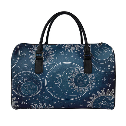 Vintage Sun And Moon Pattern Print Leather Duffle Bag