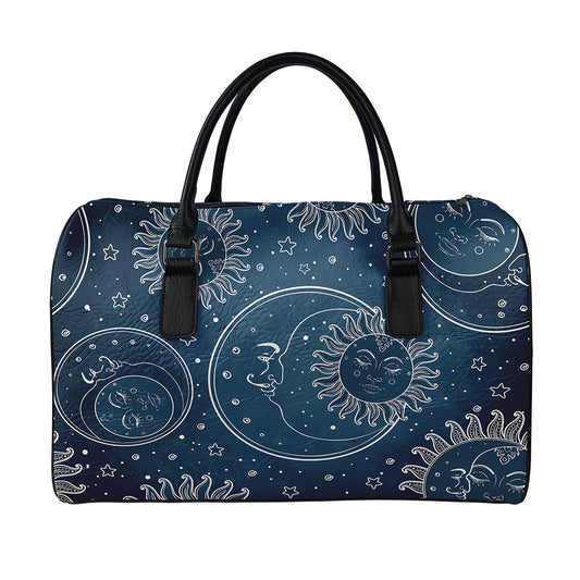 Vintage Sun And Moon Pattern Print Leather Duffle Bag