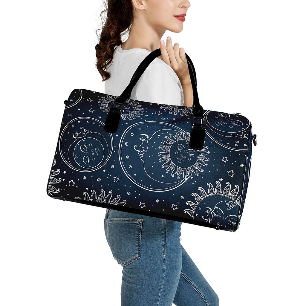 Vintage Sun And Moon Pattern Print Leather Duffle Bag