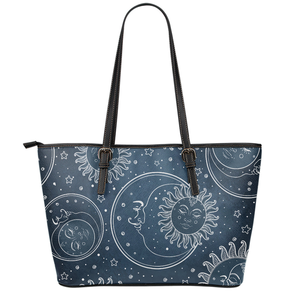 Vintage Sun And Moon Pattern Print Leather Tote Bag