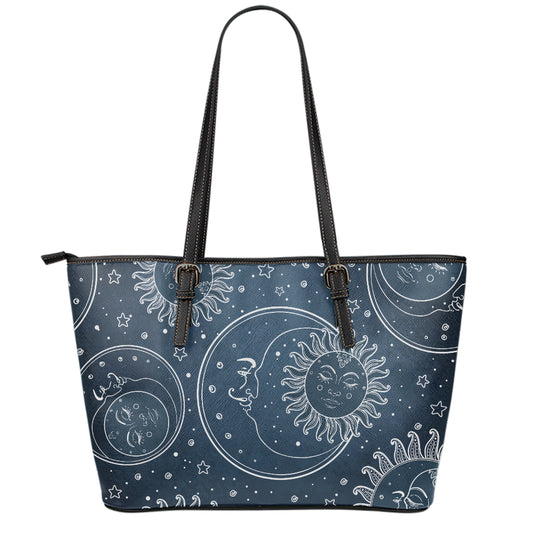 Vintage Sun And Moon Pattern Print Leather Tote Bag