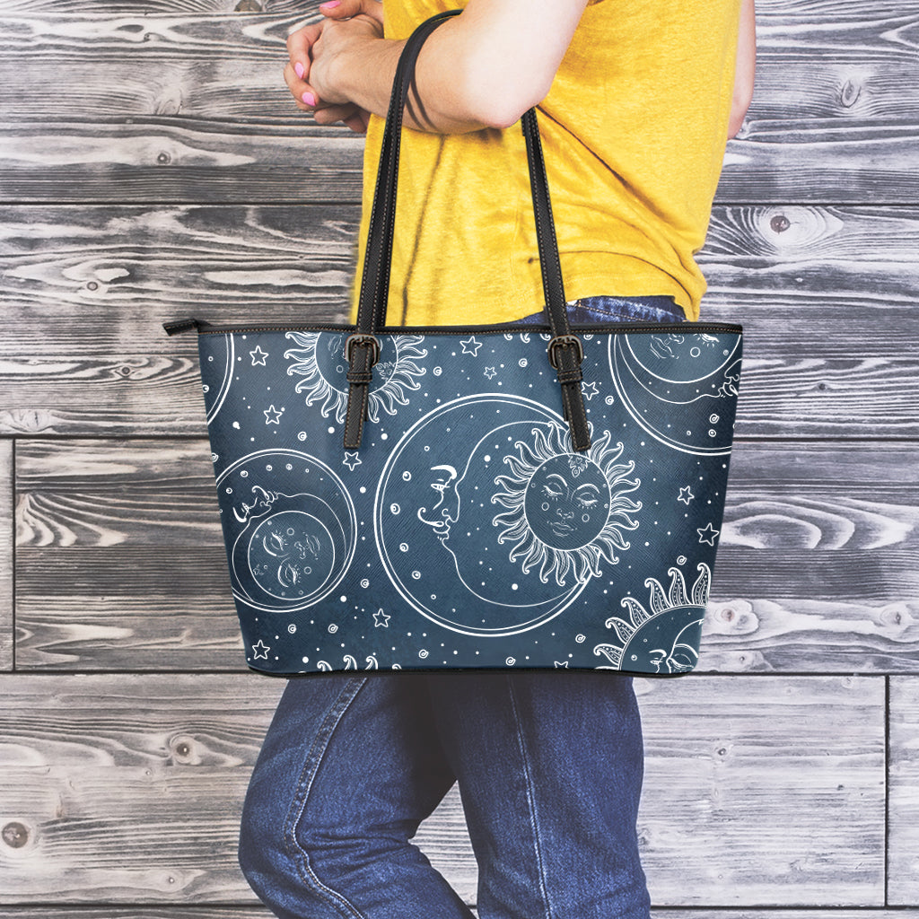 Vintage Sun And Moon Pattern Print Leather Tote Bag