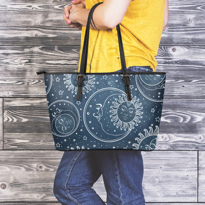 Vintage Sun And Moon Pattern Print Leather Tote Bag