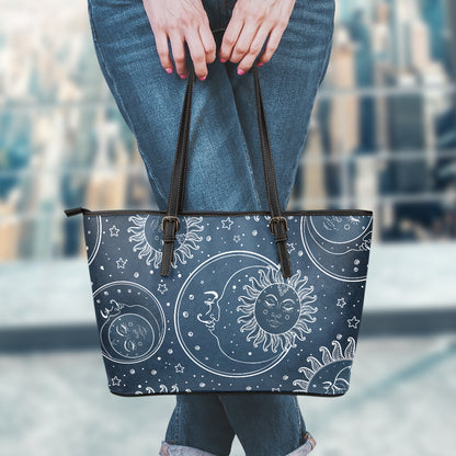 Vintage Sun And Moon Pattern Print Leather Tote Bag