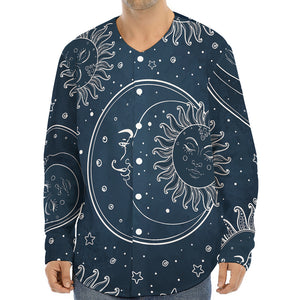 Vintage Sun And Moon Pattern Print Long Sleeve Baseball Jersey