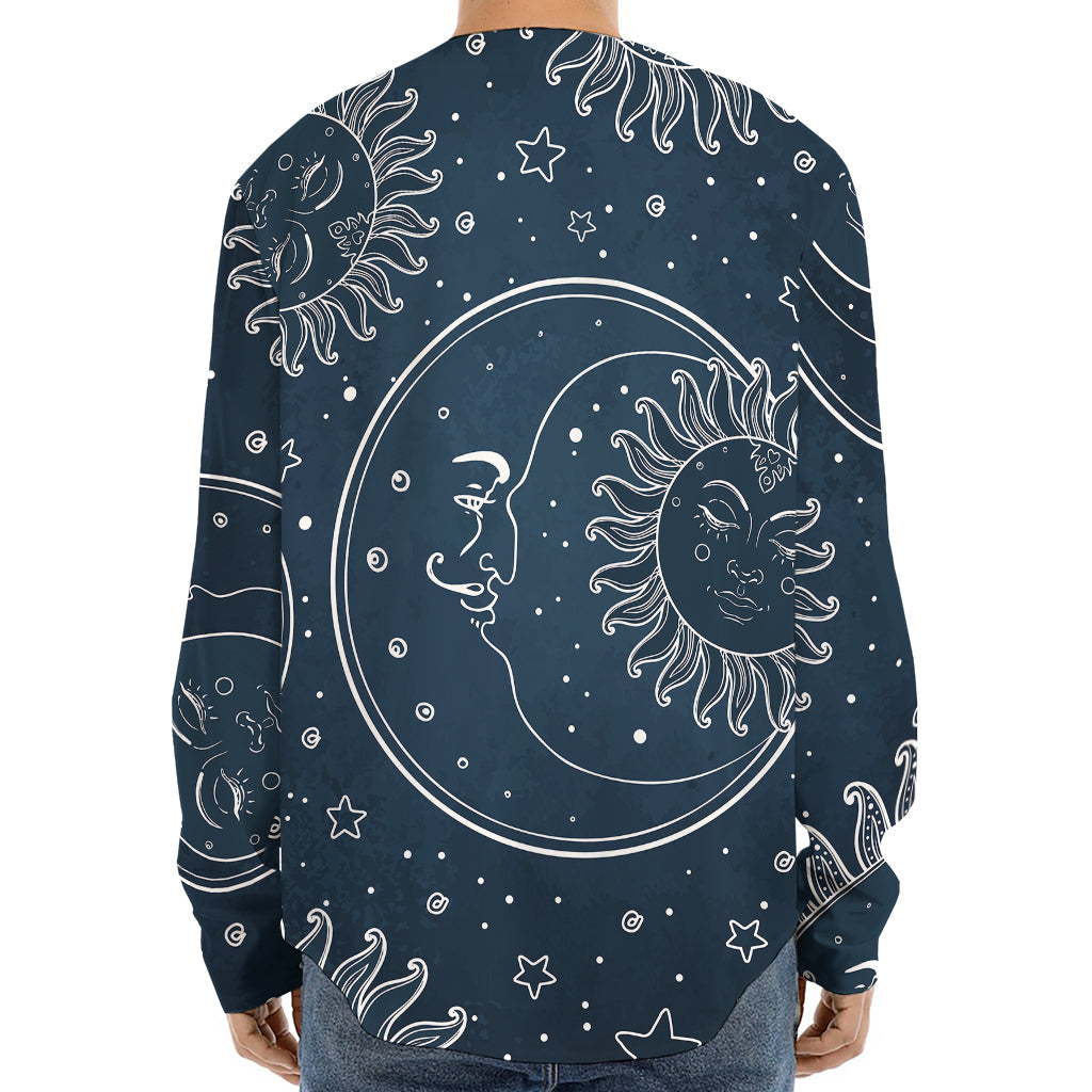 Vintage Sun And Moon Pattern Print Long Sleeve Baseball Jersey