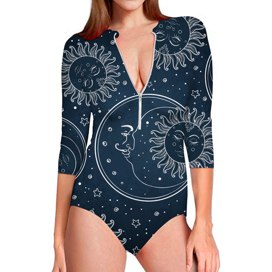 Vintage Sun And Moon Pattern Print Long Sleeve Swimsuit