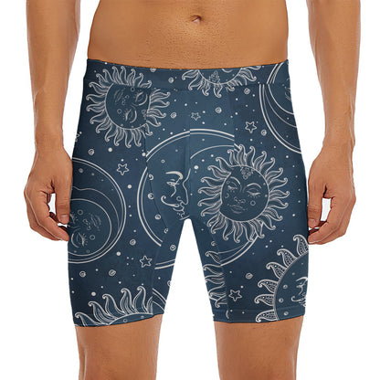 Vintage Sun And Moon Pattern Print Men's Long Boxer Briefs