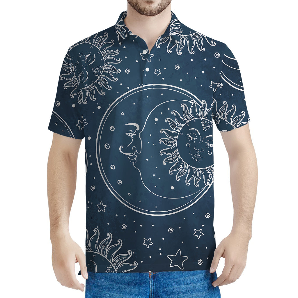 Vintage Sun And Moon Pattern Print Men's Polo Shirt