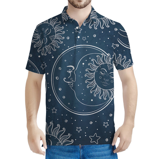 Vintage Sun And Moon Pattern Print Men's Polo Shirt
