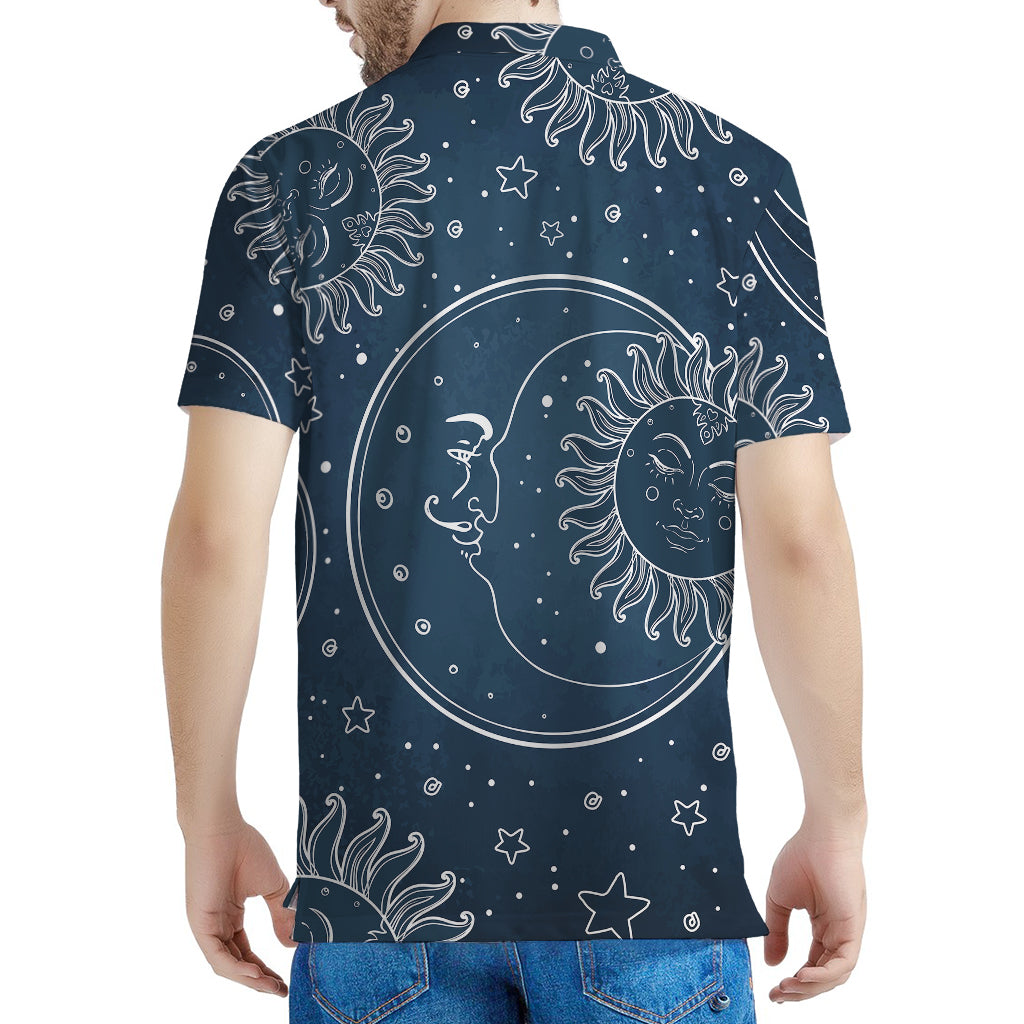 Vintage Sun And Moon Pattern Print Men's Polo Shirt