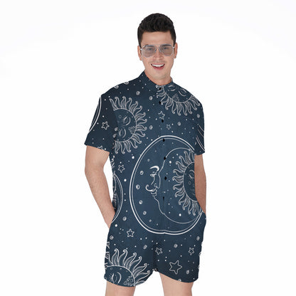 Vintage Sun And Moon Pattern Print Men's Rompers