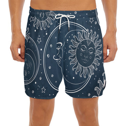 Vintage Sun And Moon Pattern Print Men's Split Running Shorts