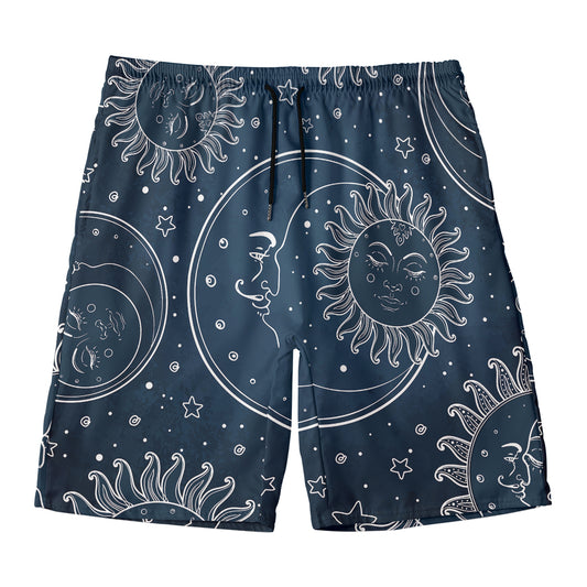 Vintage Sun And Moon Pattern Print Men's Swim Trunks