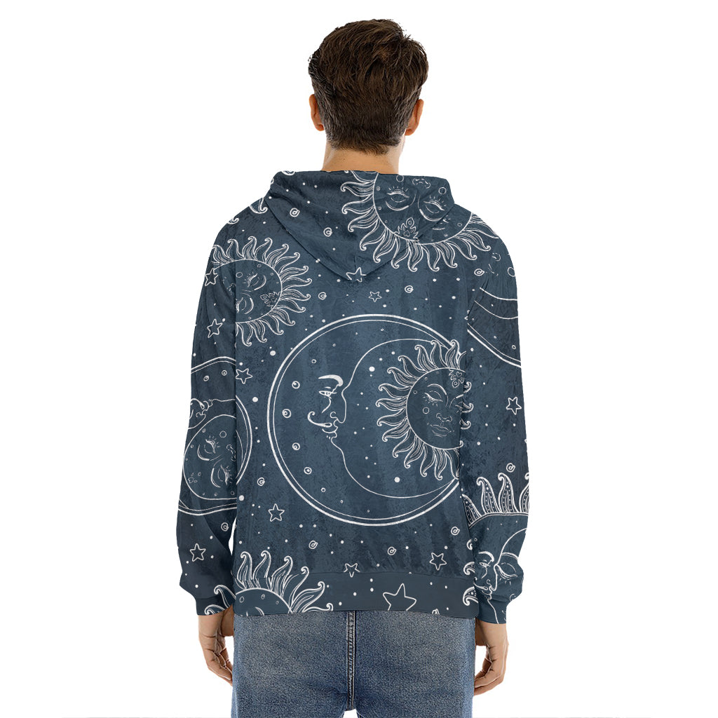 Vintage Sun And Moon Pattern Print Men's Velvet Pullover Hoodie
