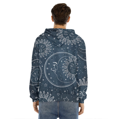 Vintage Sun And Moon Pattern Print Men's Velvet Pullover Hoodie