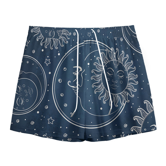 Vintage Sun And Moon Pattern Print Mesh Shorts