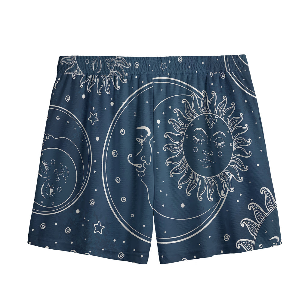 Vintage Sun And Moon Pattern Print Mesh Shorts