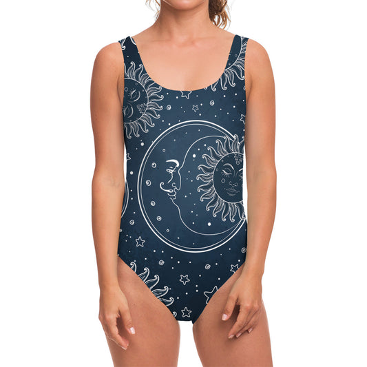 Vintage Sun And Moon Pattern Print One Piece Swimsuit