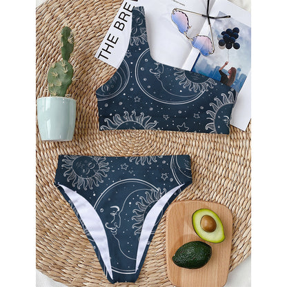 Vintage Sun And Moon Pattern Print One Shoulder Bikini Top