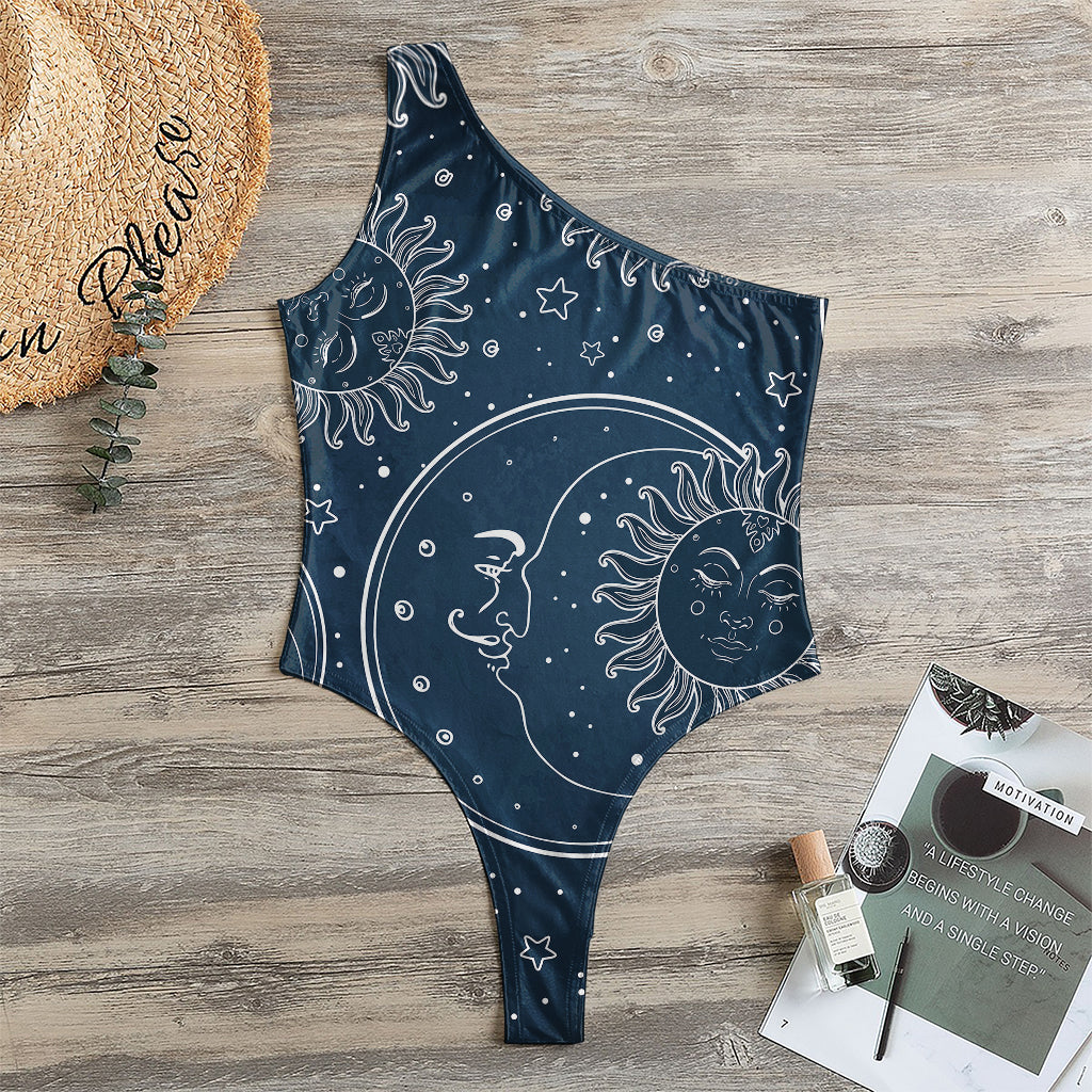 Vintage Sun And Moon Pattern Print One Shoulder Bodysuit