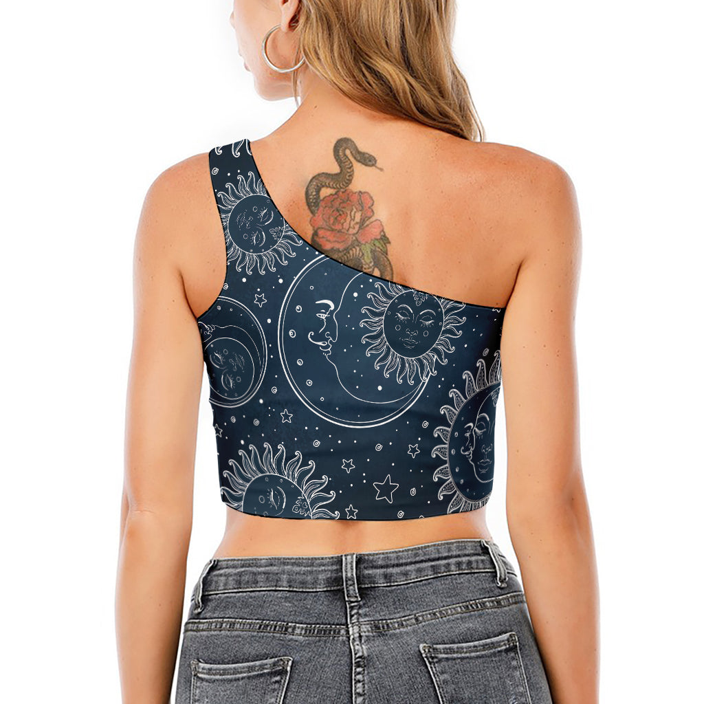 Vintage Sun And Moon Pattern Print One Shoulder Crop Top