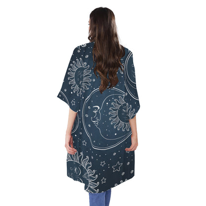 Vintage Sun And Moon Pattern Print Open Front Beach Cover Up