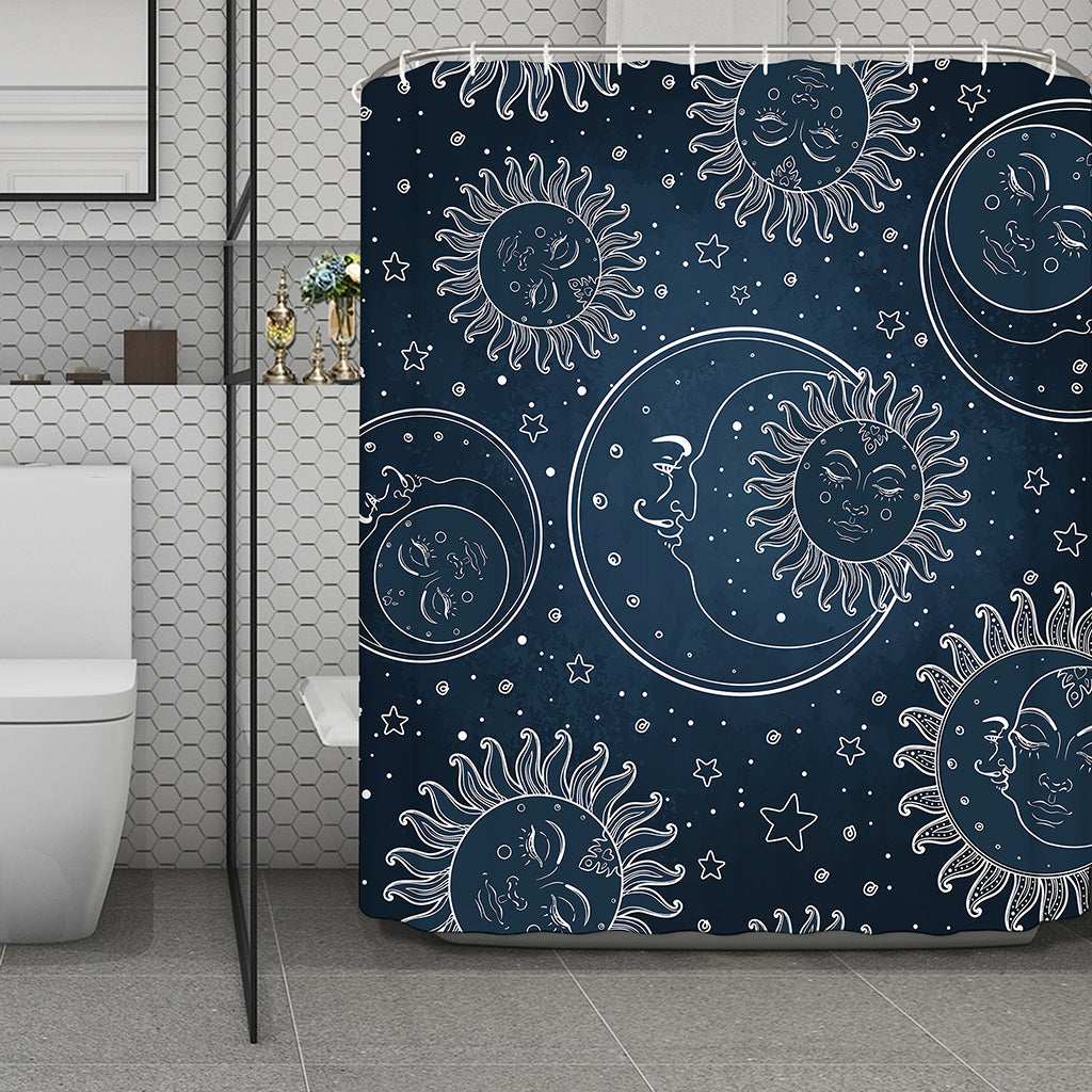 Vintage Sun And Moon Pattern Print Polyester Shower Curtain