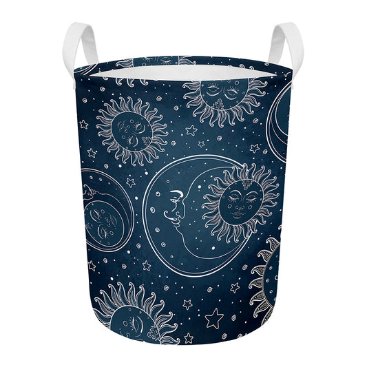 Vintage Sun And Moon Pattern Print Round Laundry Basket