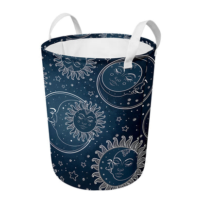 Vintage Sun And Moon Pattern Print Round Laundry Basket