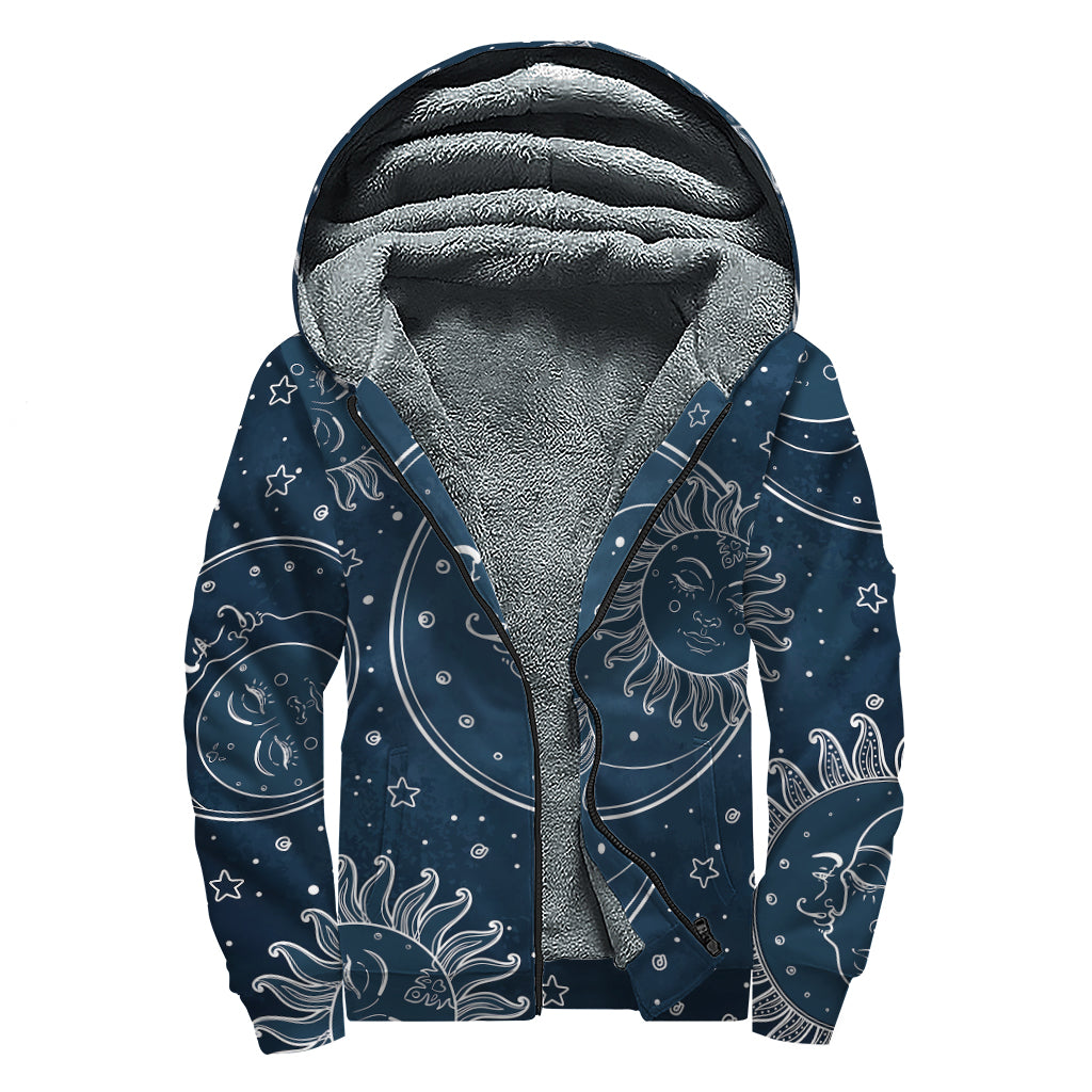 Vintage Sun And Moon Pattern Print Sherpa Lined Zip Up Hoodie