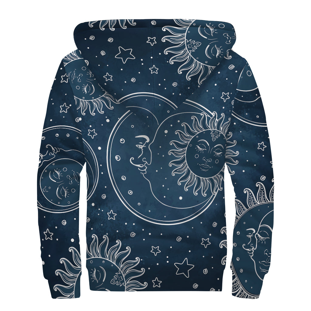 Vintage Sun And Moon Pattern Print Sherpa Lined Zip Up Hoodie