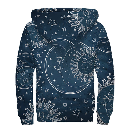 Vintage Sun And Moon Pattern Print Sherpa Lined Zip Up Hoodie