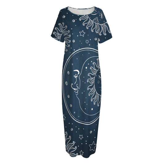 Vintage Sun And Moon Pattern Print Short Sleeve Long Nightdress