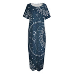 Vintage Sun And Moon Pattern Print Short Sleeve Long Nightdress