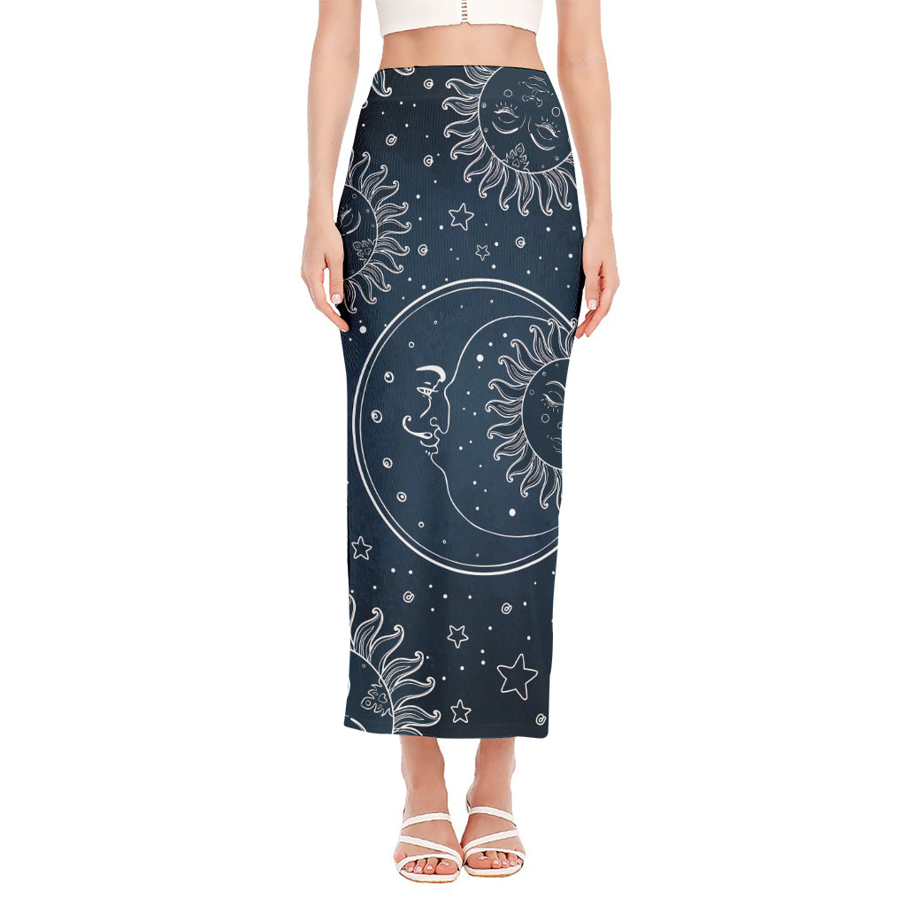 Vintage Sun And Moon Pattern Print Side Slit Maxi Skirt