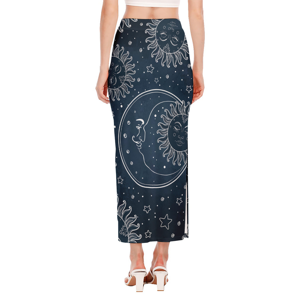 Vintage Sun And Moon Pattern Print Side Slit Maxi Skirt