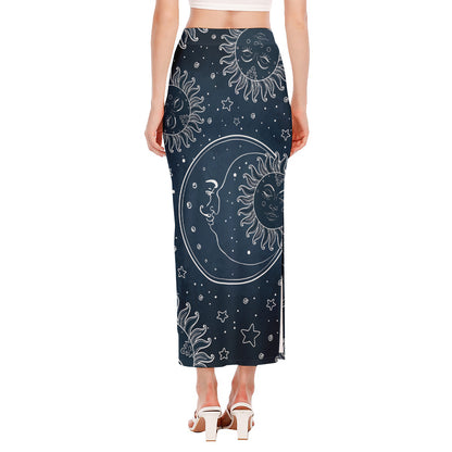 Vintage Sun And Moon Pattern Print Side Slit Maxi Skirt