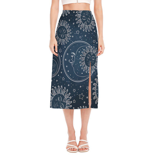 Vintage Sun And Moon Pattern Print Side Slit Midi Skirt