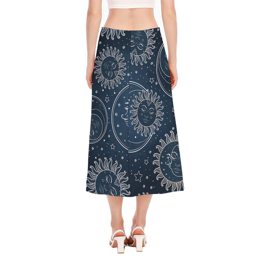 Vintage Sun And Moon Pattern Print Side Slit Midi Skirt