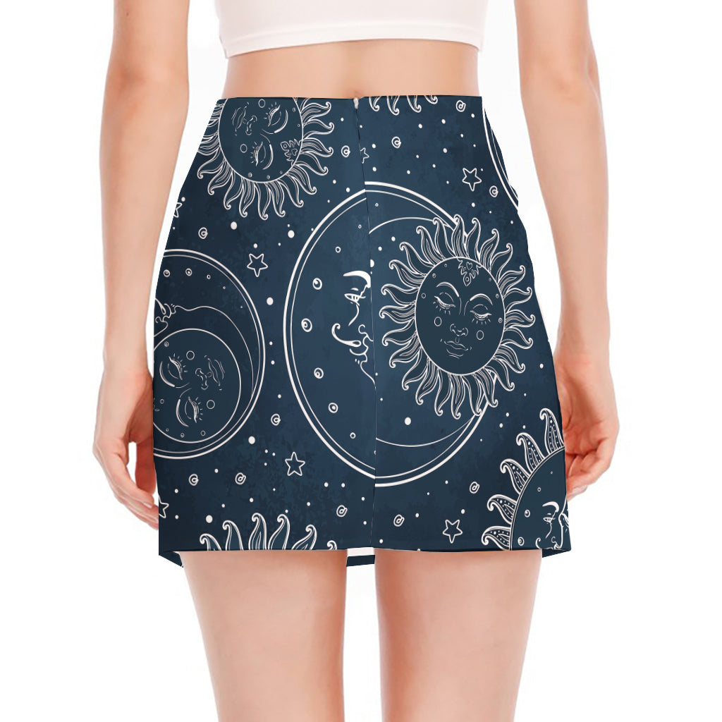 Vintage Sun And Moon Pattern Print Side Slit Mini Skirt