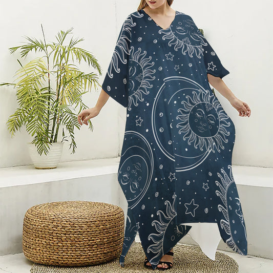 Vintage Sun And Moon Pattern Print Silk V-Neck Kaftan Dress