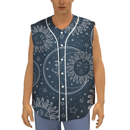 Vintage Sun And Moon Pattern Print Sleeveless Baseball Jersey