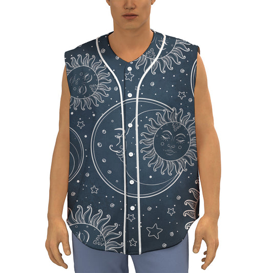 Vintage Sun And Moon Pattern Print Sleeveless Baseball Jersey