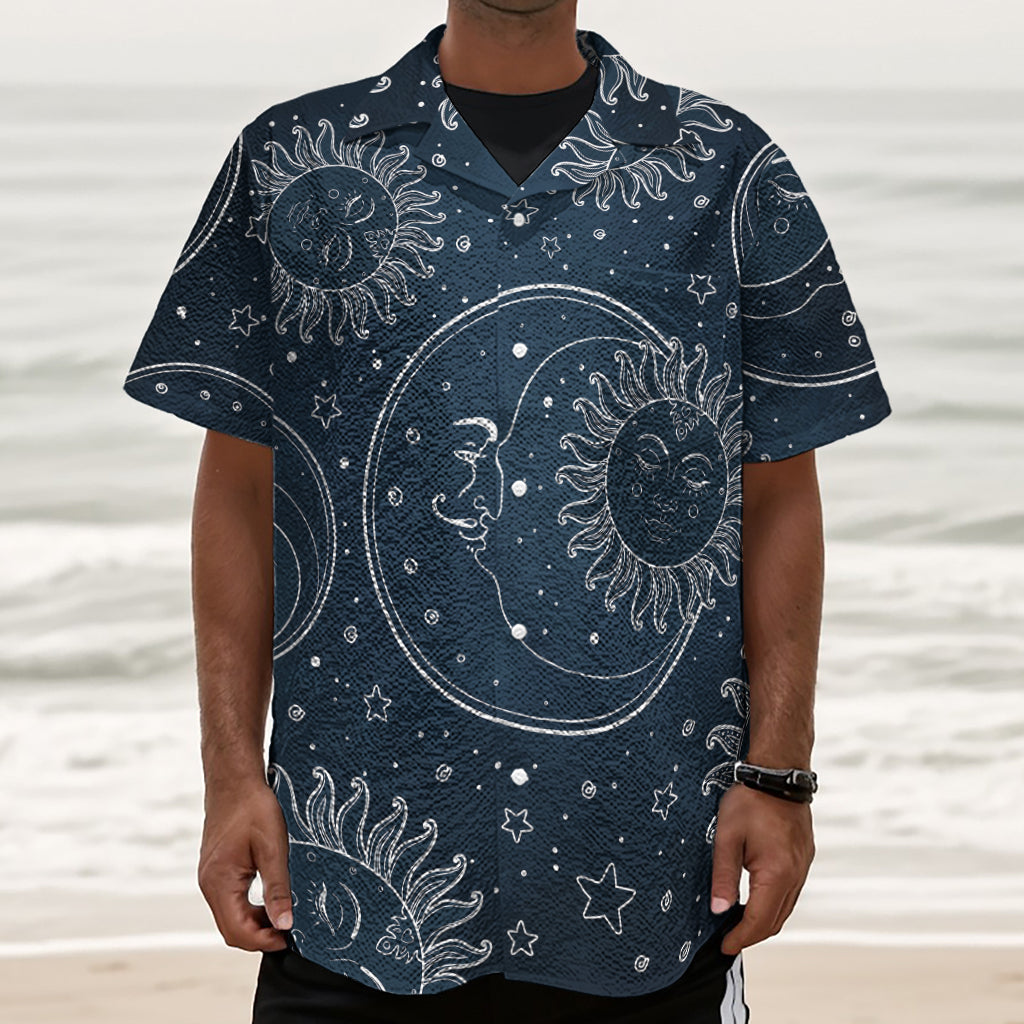 Vintage Sun And Moon Pattern Print Textured Short Sleeve Shirt