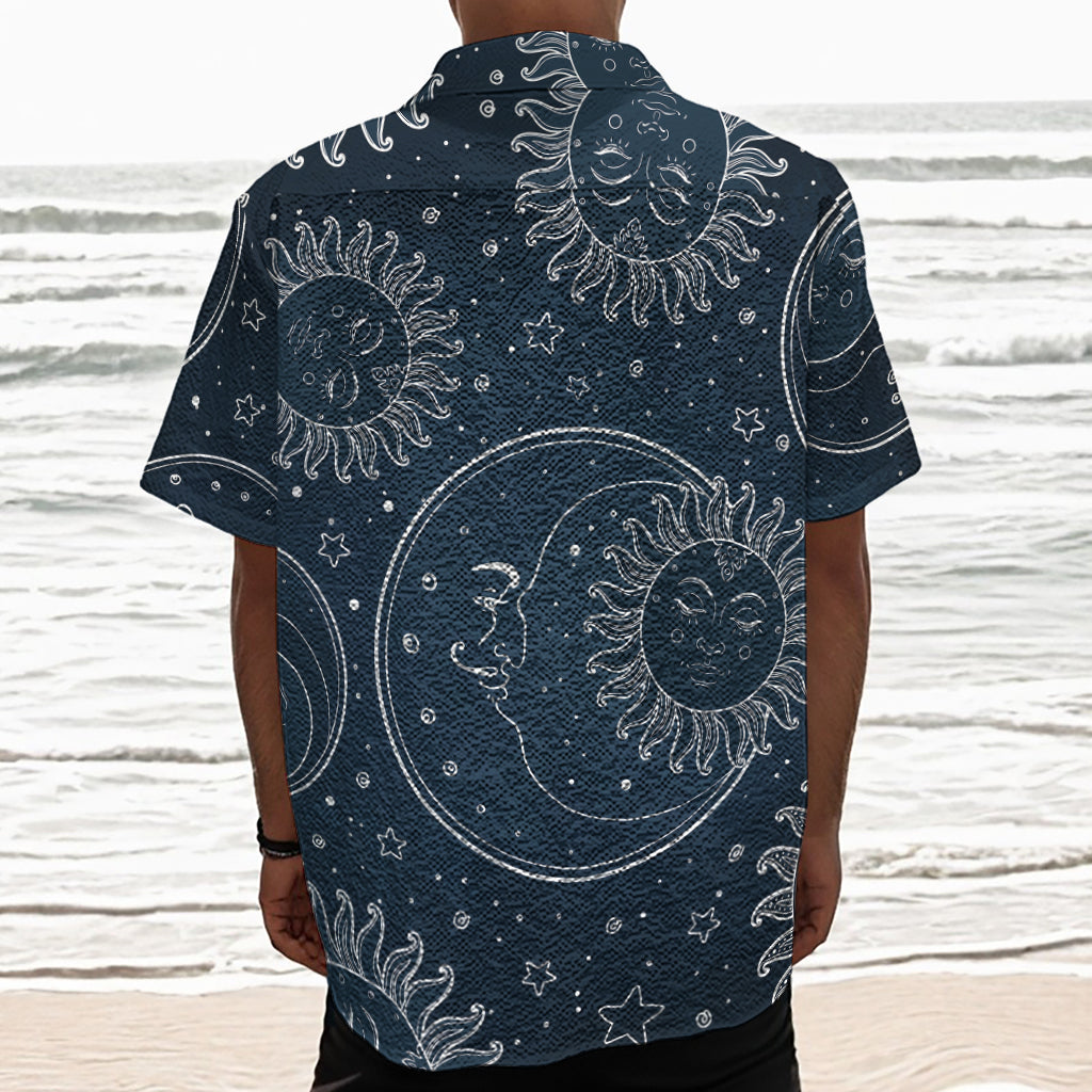 Vintage Sun And Moon Pattern Print Textured Short Sleeve Shirt