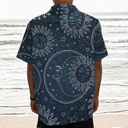 Vintage Sun And Moon Pattern Print Textured Short Sleeve Shirt